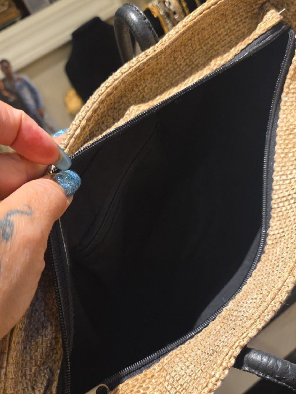 Woven Straw Tote Bag with Beaded Sunburst Accent in Natural and Black - Picture 7 of 7